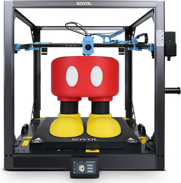3D printer with a printed object resembling a character on a white background
